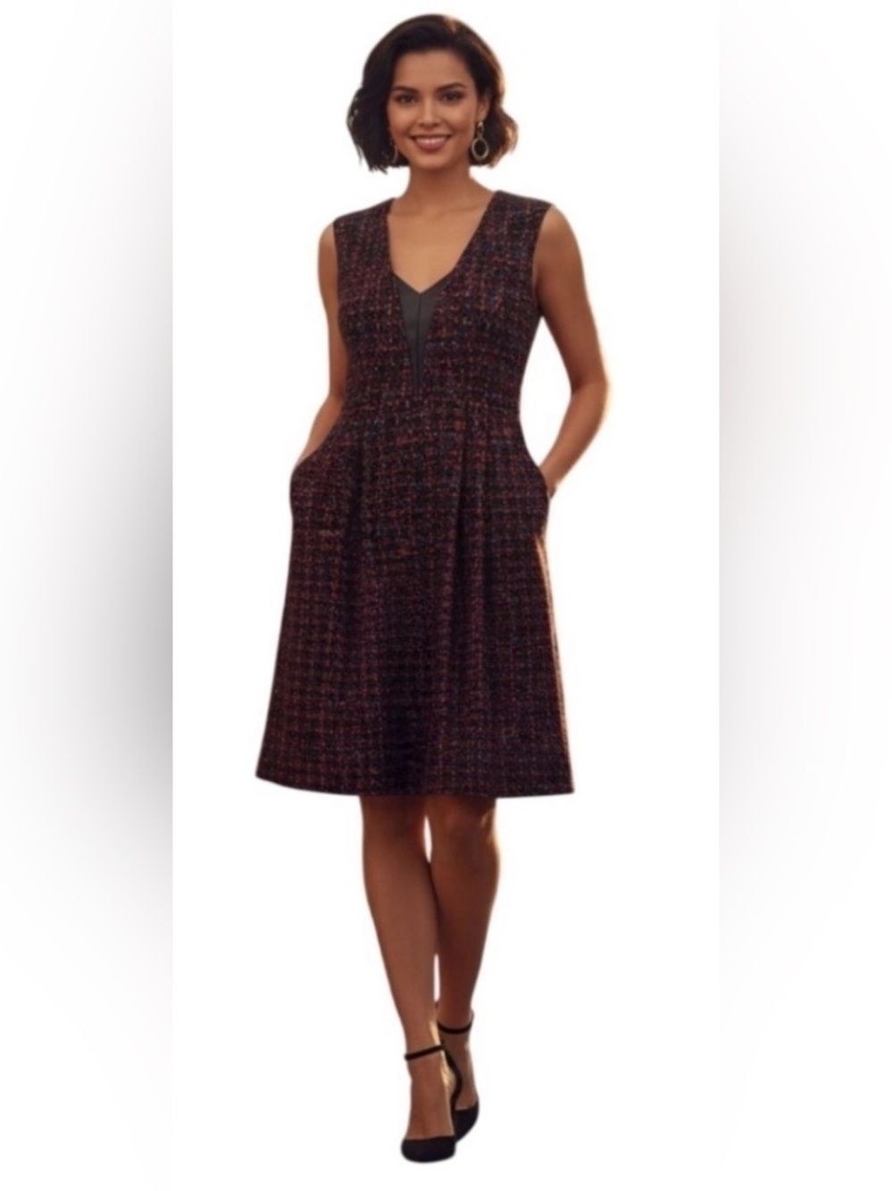 Nanette Lepore Red & Black Tweed Mini Dress with Bust Leather Inset, size 6